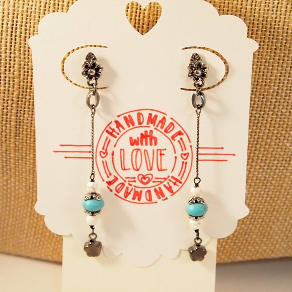Long Howlite Turquoise Earrings Boho Dangle Pierced or Clip-on Earrings - Picture 1 of 8